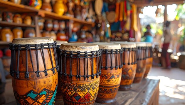 Colorful handcrafted drums in a shop