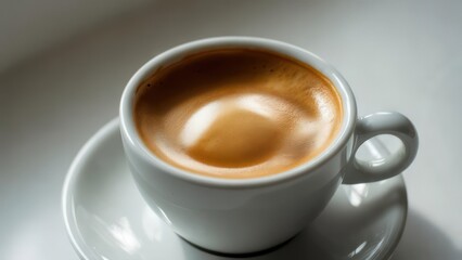 Close-up of a white coffee cup filled with espresso