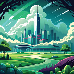 Futuristic Cityscape with Green Landscape buildings
