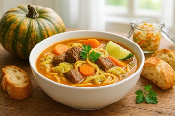 Close-up of Haitian Soup Joumou, a traditional dish with beef, calabaza squash, pasta, lime, and carrots, garnished with parsley.