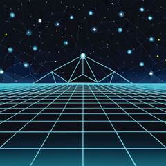 Futuristic Digital Landscape with Geometric Mountain Peak