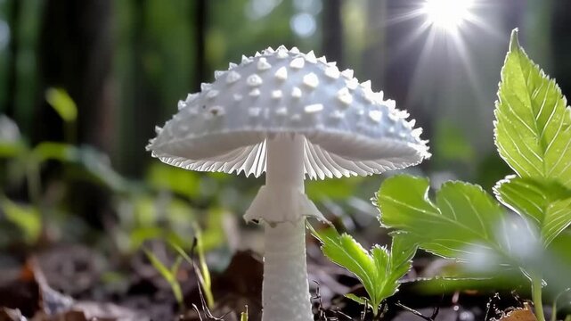 White mushroom with a warty cap growing from leaf litter in a sunlit forest.