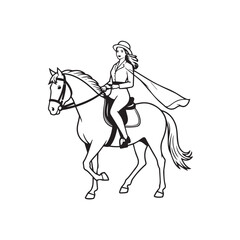 Black and white line art of a beautiful woman with perfect body riding horse elegant minimalist illustration