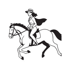 Black and white line art of a beautiful woman with perfect body riding horse elegant minimalist illustration