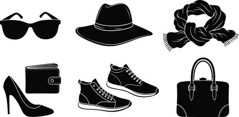 Fashion accessories icons, sunglasses, hat, scarf, high heels, sneakers, wallet, handbag, footwear, style, clothing, retail, trendy design symbols