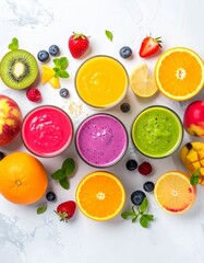 Naklejka premium Vibrant overhead flat lay of various colorful smoothies in glasses, surrounded by fresh fruit ingredients on a white background, perfect for a healthy lifestyle, World Vegetarian Day