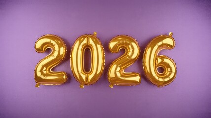 Golden inflated balloons spelling out the year 2026 on a purple background image