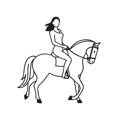 Black and white line art of a beautiful woman with perfect body riding horse elegant minimalist illustration