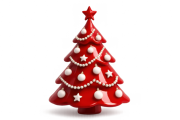 Red christmas tree with white ornament decoration on transparent background