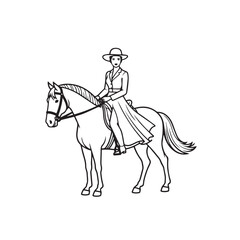 Black and white line art of a beautiful woman with perfect body riding horse elegant minimalist illustration