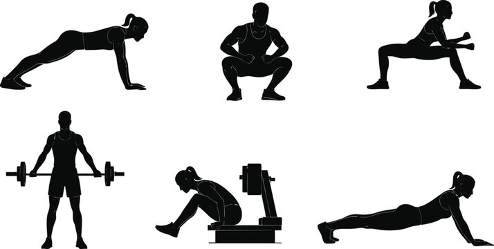 Fitness exercise icons, strength training, push-up, squat, lunge, barbell lift, glute bridge, leg raise, workout silhouette, gym routine symbols