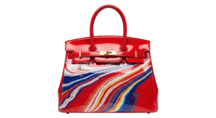 Fashionable red leather handbag with colorful design isolated on transparent background