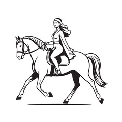 Black and white line art of a beautiful woman with perfect body riding horse elegant minimalist illustration