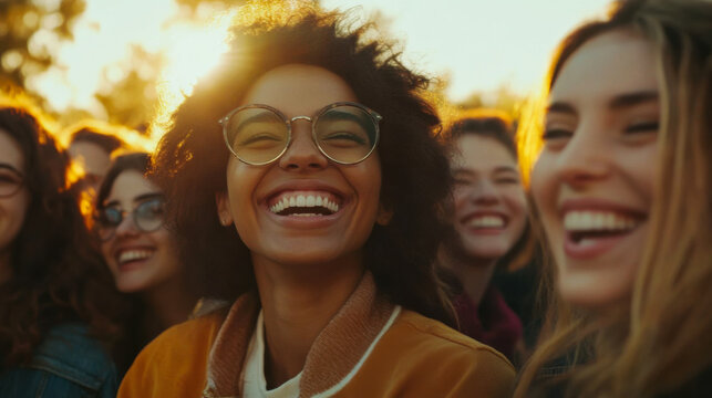 Smiles and laughter illuminate a joyful gathering at sunset in a vibrant outdoor setting - Powered by Adobe