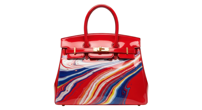 Fashionable red leather handbag with colorful design isolated on transparent background