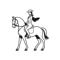 Black and white line art of a beautiful woman with perfect body riding horse elegant minimalist illustration