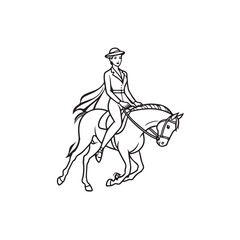 Black and white line art of a beautiful woman with perfect body riding horse elegant minimalist illustration