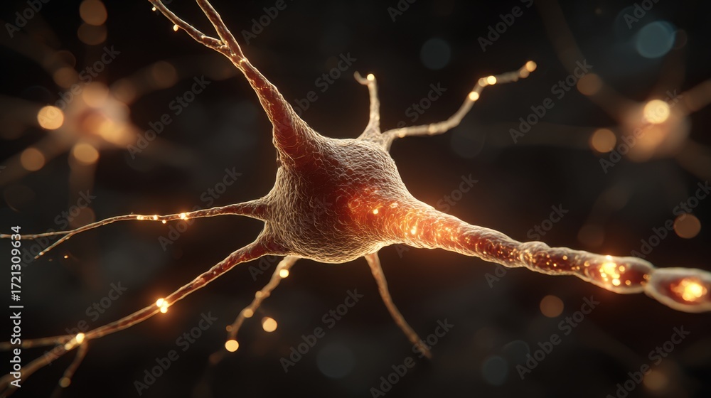 Poster insights into a neuron structure showing intricate details in a dark background with glowing connect
