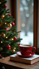 Cozy Christmas setting Wooden frame, pine, coffee, books on table , coffee, design