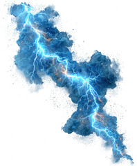 Intense blue lightning strike through dark storm clouds isolated on transparent background