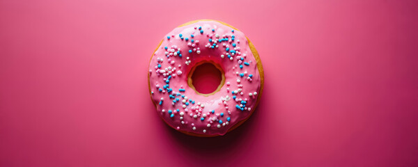 Delicious pink frosted donut on vibrant pink background. Colorful sweet treats with blue sprinkles. Top view of fresh tasty dessert for party, event, gathering.