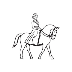 Black and white line art of a beautiful woman with perfect body riding horse elegant minimalist illustration