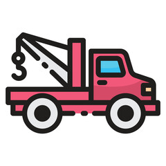 A pink tow truck with a black outline and a hook