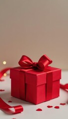 Obraz premium Red gift box closeup, elegant red bow Birthday, Valentine's, Mother's Day , packaging, detail
