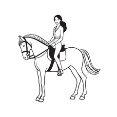 Black and white line art of a beautiful woman with perfect body riding horse elegant minimalist illustration