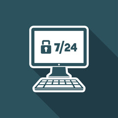 7/24 computer protection - Vector flat icon