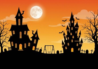 Spooky halloween night with haunted castles and full moon