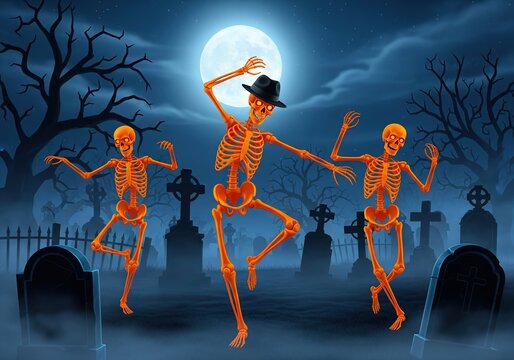 Dancing skeletons in a spooky graveyard under a full moon