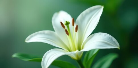 Obraz premium Single white lily, pristine petals, vivid green stamen , lily, background, floral