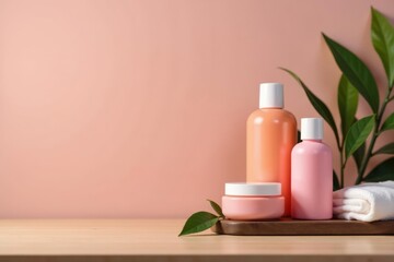 Spa products arranged on wooden table, minimalist style, spa, treatment