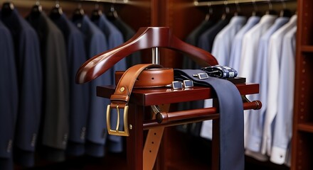 Elegant Mens Wardrobe Suits Shirts and Accessories Display.