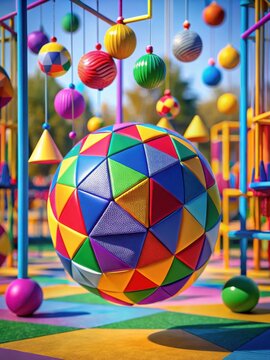Colorful geometric shapes surrounding a vibrant tetherball