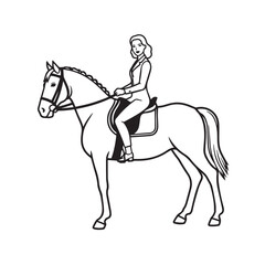 Black and white line art of a beautiful woman with perfect body riding horse elegant minimalist illustration