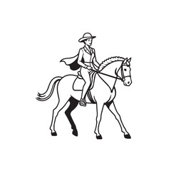 Black and white line art of a beautiful woman with perfect body riding horse elegant minimalist illustration