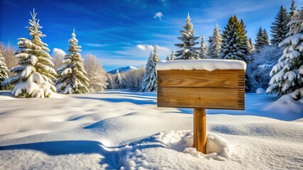 Winter Snow Landscape with Wooden Sign