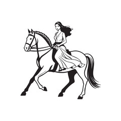 Black and white line art of a beautiful woman with perfect body riding horse elegant minimalist illustration