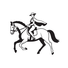 Black and white line art of a beautiful woman with perfect body riding horse elegant minimalist illustration