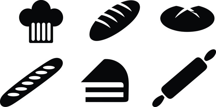 Bakery icons set chef hat breads cake rolling pin graphic resources