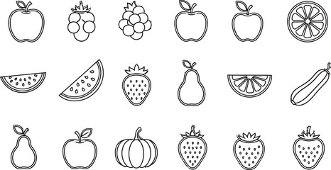 Fruit and vegetable outline icons vector illustration set
