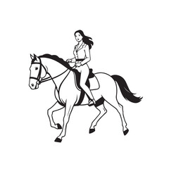 Black and white line art of a beautiful woman with perfect body riding horse elegant minimalist illustration