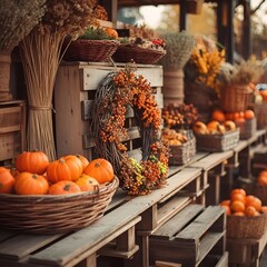 Fall market stand with pumpkins and harvest decorations