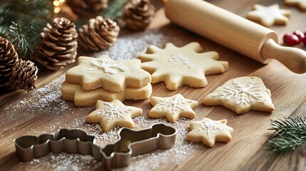 Kitchen cut out sugar cookies with cutters and rolling pin