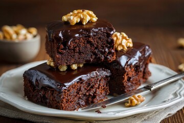 Rich chocolate brownies stacked with walnuts a decadent dessert closeup