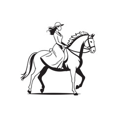 Black and white line art of a beautiful woman with perfect body riding horse elegant minimalist illustration