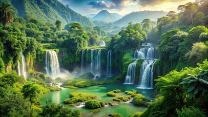 Emerald landscape with lush greenery and sparkling waterfalls amidst rolling hills and towering trees
