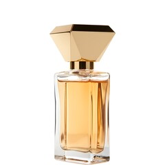 Elegant perfume bottle with gold cap on white background